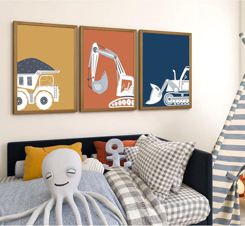 Youillne 12x16 Inch Set 3 Construction Truck Nursery Wall Art Toddler Boys Room Wall Decor Kids Canvas Poster Dump