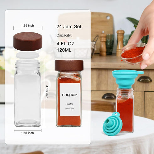 24 4oz Pcs Spice Jars, Seasoning Containers with Acacia Wood Shaker Lids, Glass Spice Bottles with Labels, Square