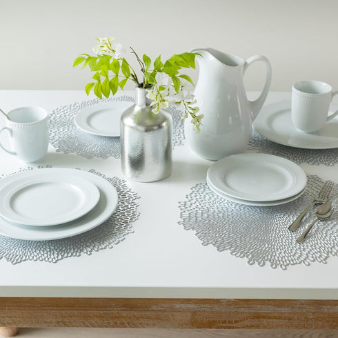 Benson Mills Bloom Pressed Vinyl Placemat Set of 4, 15.5" Round, Silver for Kitchen and Dining Table