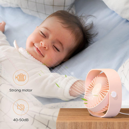 EasyAcc USB Desk Fan (Pink), 3 Speeds Mini USB Fan, 360° Rotatable Personal Desktop Table Fan for Home, Office