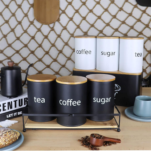 SOTECH Metal Food Storage Jar Set of 3 - Farmhouse Coffee Canisters with Bamboo Lids for Kitchen Decor