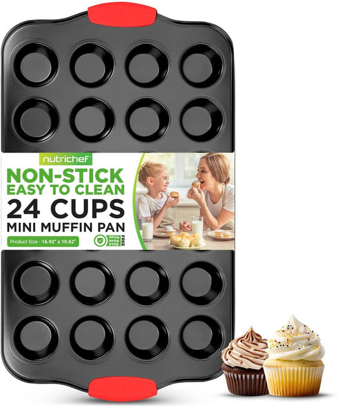 NutriChef 24-Cup Nonstick Mini Muffin Pan, Carbon Steel Bakeware Tray with Red Silicone Handles