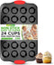 NutriChef 24-Cup Nonstick Mini Muffin Pan, Carbon Steel Bakeware Tray with Red Silicone Handles