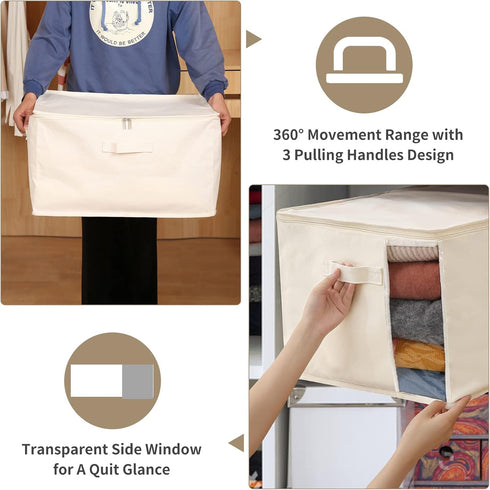 Canvas Comforters Bags, Closet Organizers and Storage for Quilts, Clothes, 75L Bins with Sturdy Zipper, Clear Window