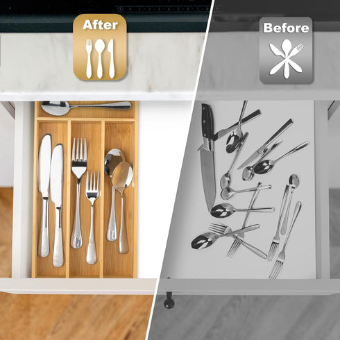 Bamboo Silverware Organizer, Kitchen Drawer Utensil Holder, Natural 4 Slots Flatware Organizer Tray