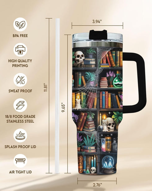 40oz Reading Bookshelf Tumbler With Handle And Straw, Insulated Stainless Steel Travel Cup, Bookish Water Bottle