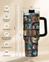 40oz Reading Bookshelf Tumbler With Handle And Straw, Insulated Stainless Steel Travel Cup, Bookish Water Bottle