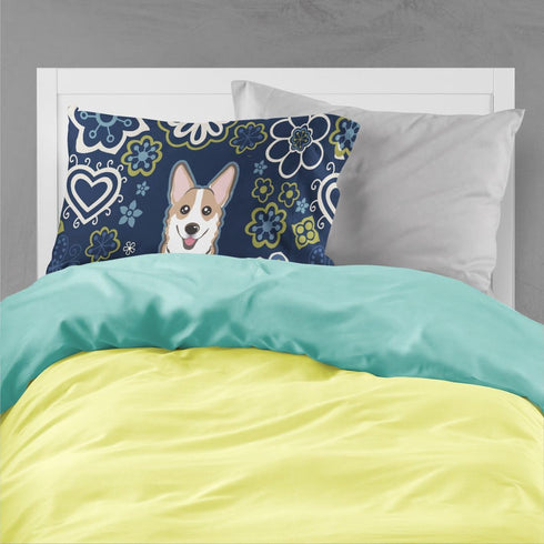 Caroline's Treasures BB5104PILLOWCASE Standard Pillowcase, Blue Flowers Sable Corgi Fabric, Lightweight Easy Care