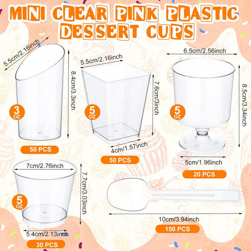 Funnymoom 300 Pack 5oz 3oz Clear Mini Plastic Dessert Cups with Spoons Square Slanted Parfait Appetizer Shooter Round