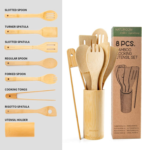 Kitchen Utensils Set of 8 PCS, 12Inches Bamboo Wooden Cooking Spoon & Spatula Tools Perfect for Non-Stick Cookware (Bamboo 12inches)