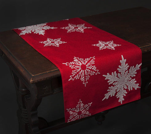 XD17141 Glisten Snowflake Embroidered Christmas Table Runner, 16 x 36-Inch, Red