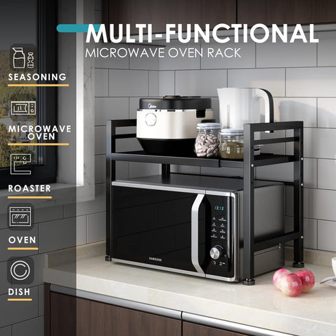 Microwave Oven Rack, Expandable Stand for Kitchen Utensils Storage, Carbon Steel Over Microwave Shelf