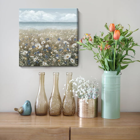 Canvas Wall Art Beach Floral Picture, Coastal Boho Farmhouse Nautical Sea Ocean Wildflowers Vintage Artwork