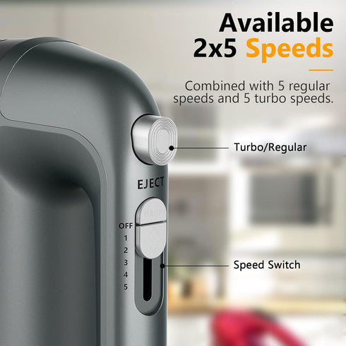 Electric Hand Mixer 450W with Scale Cup Storage Case, Turbo Boost, 5 Speed, Eject Button & 5 Stainless Steel Accessories
