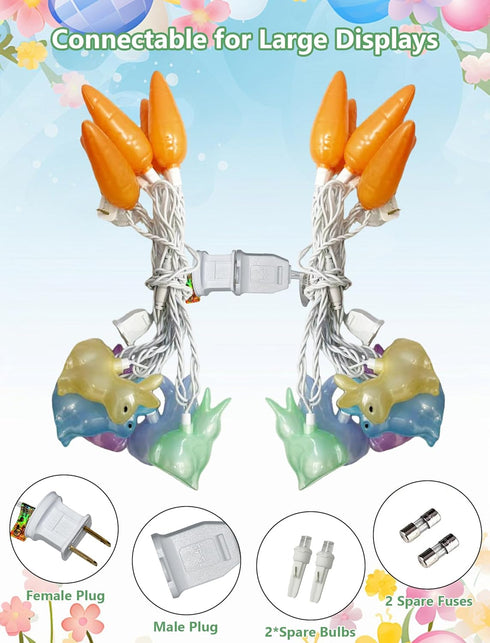 8.5ft 10 Count Easter Bunny Carrot String Lights, Connectable Plug in Rabbit Light, UL Certified Multicolor Decor