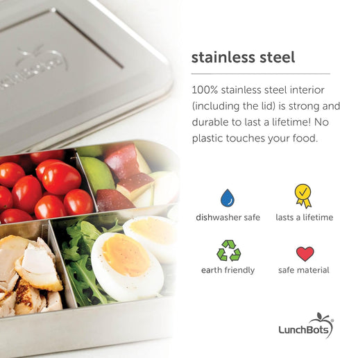 LunchBots Medium Duo Snack Container - Divided Stainless Steel Food Container with Pink Dots