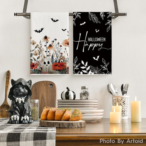 18x26 Inch Set 4 Artoid Mode Ghost Pumpkins Bats Floral Halloween Kitchen Towels Dish Towels, Farmhouse Spooky