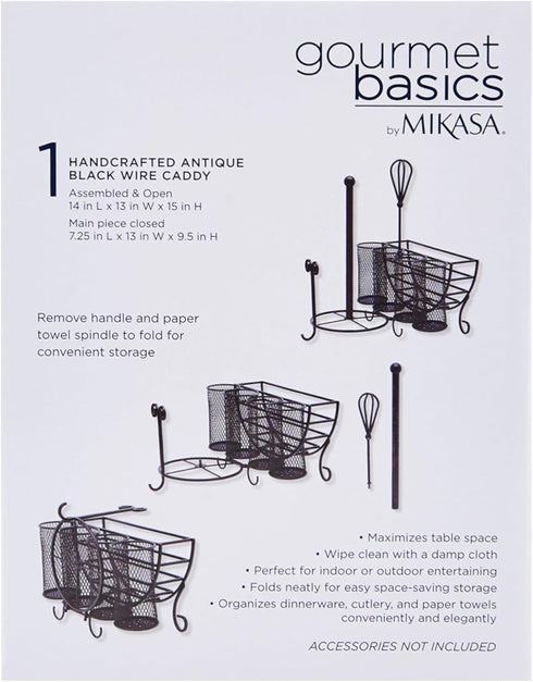 15 14 13 Mikasa Gourmet Basics Avilla Picnic Caddy, Antique Black Finish, Paper Plate Organizer with Flatware Canisters