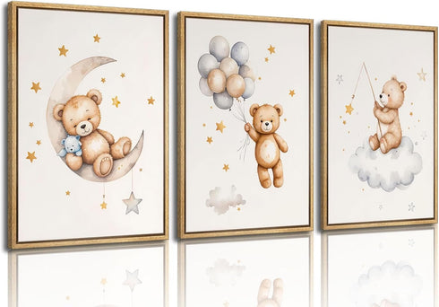 3Pcs Teddy Bear Nursery Wall Art Bear Sleeping on The Moon and