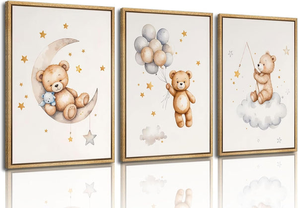 3Pcs Teddy Bear Nursery Wall Art Bear Sleeping on The Moon and