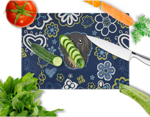 Caroline's Treasures BB5064LCB Blue Flowers Longhair Black and Tan Dachshund Glass Cutting Board Large Decorative Tempered Glass Kitchen Cutting and Serving Board Large Size Chopping Board by Caroline's Treasures