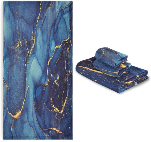 SUABO Sets 3 Set Blue Abstract Art Marble Bath Towel Ultra Soft Fast Dry Face Towel Absorbent Bathroom Towel Shower