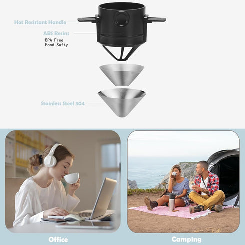 Pour Over Coffee Dripper, Reusable Stainless Steel Filters, Mini Collapsible Single Serve Coffee Maker for Home,