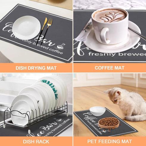 Dish Drying Mat 16"x24", Absorbent Coffee Bar Mat for Kitchen Counter with Coffee Cup Pattern