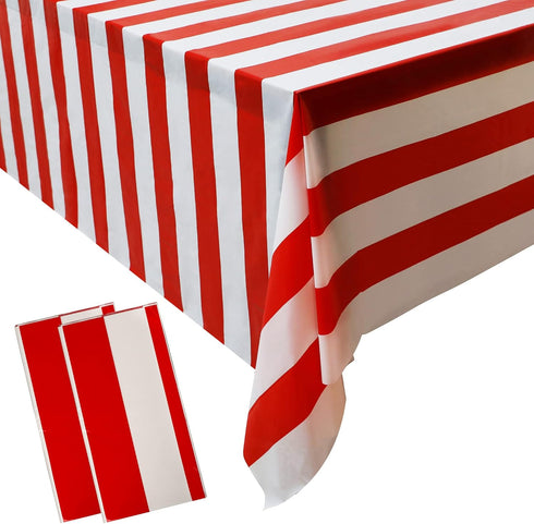 Peony Man 2 Pieces Red and White Striped Tablecloth - Plastic Waterproof Table Cover for Holiday Party Decoration