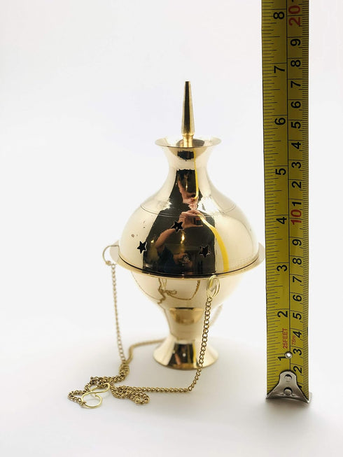 Charcoal Incense Burner Brass Hanging Censer with Chains, 7" High x 3.5" Diameter