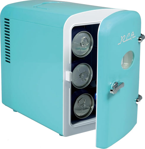 RCA RMIS129-BLUE Mini Retro Beverage Refrigerator, 6 Can Capacity, Blue, 0.14 cubic feet