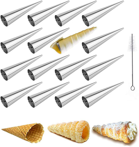 16 Pcs Cream Horn Molds with Cleaning Brush, Stainless Steel Cannoli Forms for Baking, 5-inch Large Size