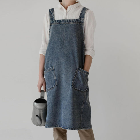 2 Surblue Cotton Denim Apron With Pockets, Cross Back Aprons for Women Men, Bib Jean Kitchen Apron for Arts Cafe Work