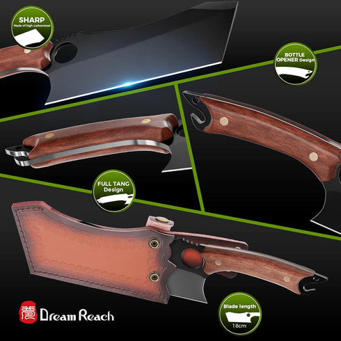 Dream Reach 6.9 Inch Black Meat Cleaver, High Carbon Steel Boning Knife with Sheath Gift Box and Bottle Opener