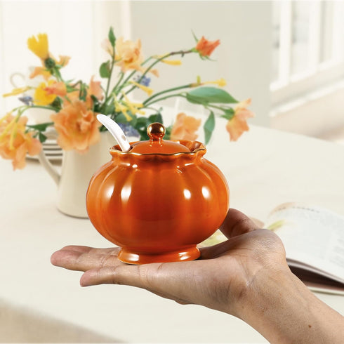 Ceramic Covered Salt Bowl Sugar Container Spice Box Seasoning Jar with Lid and Spoon for Home and Kitchen Coffee Bar, 9 OZ, Orange by Ursword