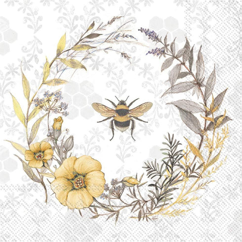Boston International IHR 3-Ply Cocktail Beverage Napkins, 20-Count, Bee Wildflower Wreath, 5 x 5-Inches