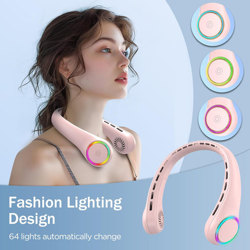 Portable Neck Fan - 4000mAh Air Conditioner with 5-17H Lifespan, 3 Adjustable Speeds, 64 Cool Lights (Pink)