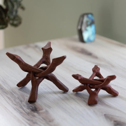 2 4" 6" Wish Well Piece Wooden Tripod Stand - & Hand-Carved Room Decor Holder ~ Ideal for Abalone Shell, Decorative