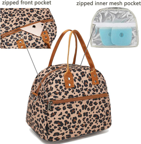 FlowFly Insulated Lunch Bag with Shoulder Strap, Large Reusable Tote for Work, School, Travel, Meal Prep, Leopard