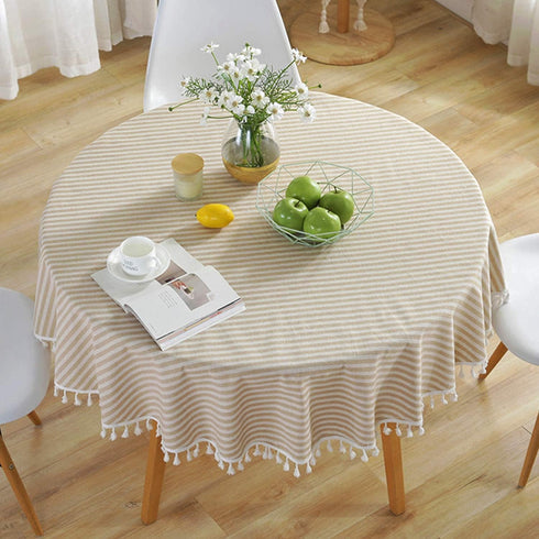 39 Inch) meioro Round Tablecloth Stripe Tassel Table Cloth Cotton Blend Dust-Proof Table Cover for Dining Circle Coffee