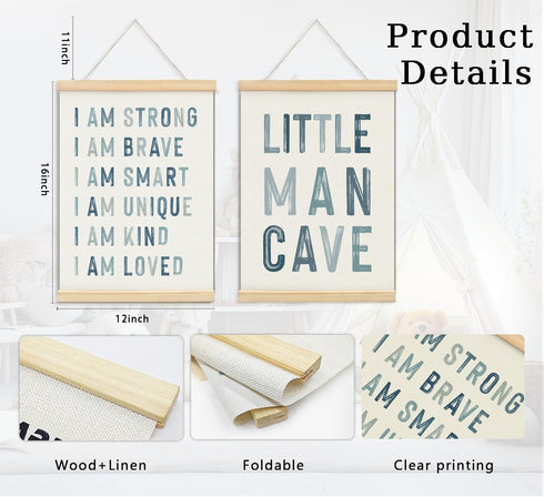 ULEGIE 2 Pack 12 16 Inches-Blue Boy Nursery Decor Posters Framed with Wood Hanger, Little Man Cave Sign for Boys Kids