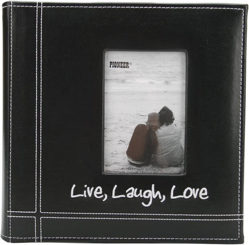 Pioneer Photo Albums Live, Laugh, Love Black Sewn Leatherette Frame Cover Album, 4"x6"