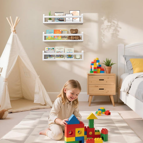 16.5 Inch Set 3 Floating Wall Nursery Book Shelves for Bedrooms Kids White Wooden Baby Book Shelf for Kids Rooms