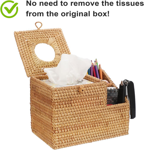 Sumnacon Tissue Box Square Cover with Storage, Rattan Holder with 2 Side Organizer for Bathroom Living Room