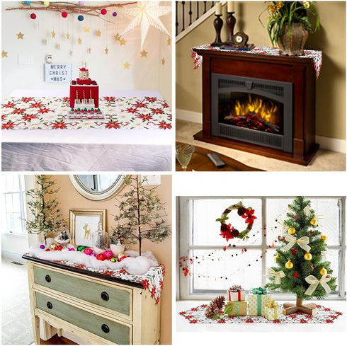 OurWarm Christmas Table Runners, Embroidered Poinsettia Holly Leaf Table Linens, 15 x 70 Inch