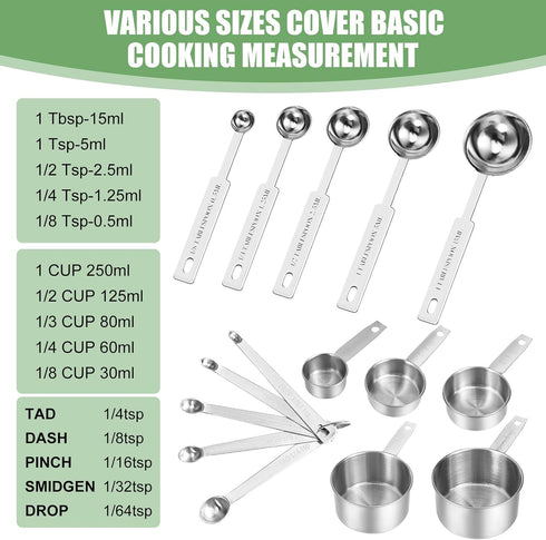 Measuring Cups and Spoons Set of 16, 5 Nesting Metal Cups, 5 Measuring Spoons, 1 Leveler, 5 Mini Spoons for Cooking.