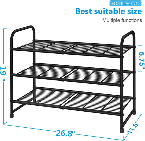 3-Tier Simple Trending Stackable Shoe Rack, Expandable & Adjustable Shoe Shelf Storage Organizer, Wire Grid, Black