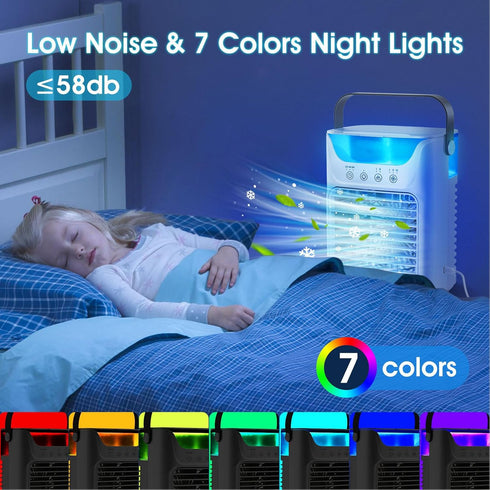 USB Powered Air Conditioner Fan, 700ML Automatic Timing Portable Cooler Humidifier with 7 Color Night Light, 3 Wind