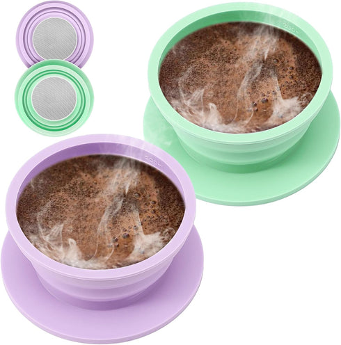 2 Pieces Collapsible Paperless Travel Pour Over Coffee Dripper Kit, Portable Silicone Filter Reusable (Purple+Green)