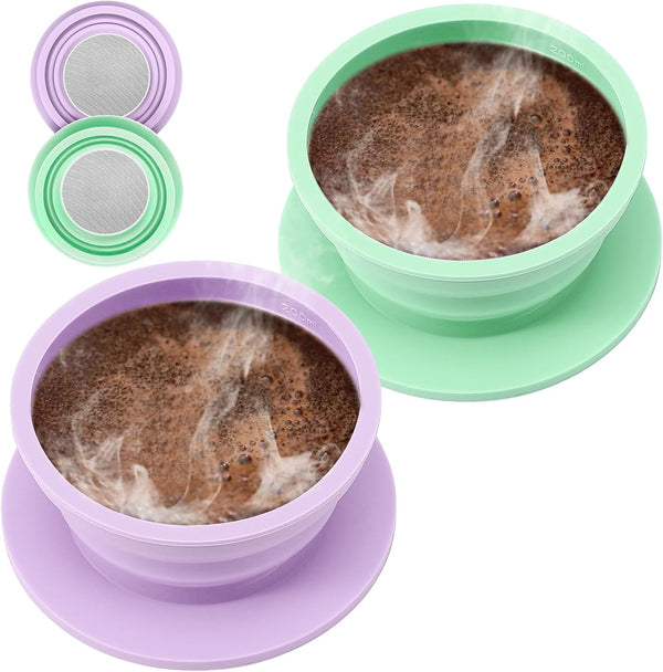 2 Pieces Collapsible Paperless Travel Pour Over Coffee Dripper Kit, Portable Silicone Filter Reusable (Purple+Green)